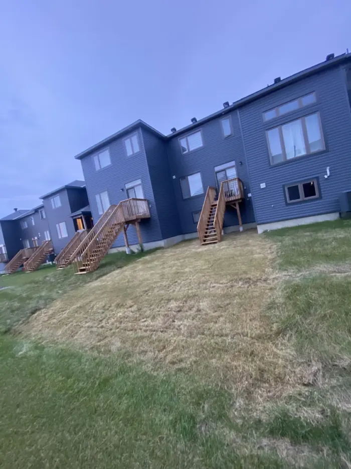 A grassy slope with a dry patch behind a row of blue townhouses